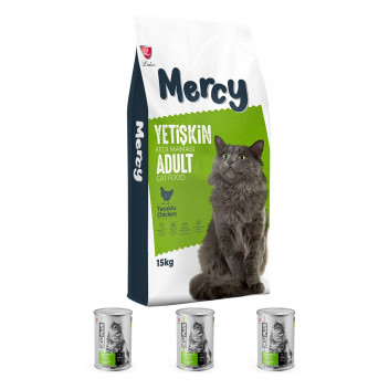 Mercy Tavuklu Yetişkin Kedi Maması 15 Kg + 3 Adet CatPlus Tavuklu Kedi Konservesi