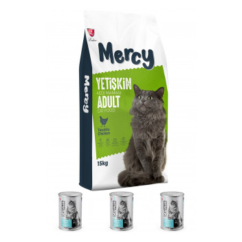 Mercy Tavuklu Yetişkin Kedi Maması 15 Kg + 3 Adet CatPlus Balıklı Kedi Konservesi