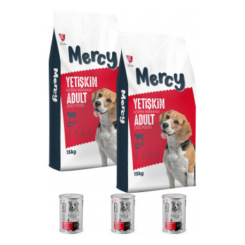 Mercy Biftekli Yetişkin Köpek Maması 15 Kg x 2 Adet + 3 Adet DogPlus Kuzu Etli Köpek Konservesi