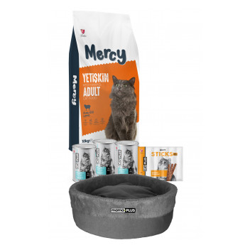 Mercy Kuzu Etli Yetişkin Kedi Maması 10 Kg + 3 Adet CatPlus Balıklı Konserve + CatPlus Kedi Yatağı + 1 Adet CatPlus Kedi Stick Ödül Maması