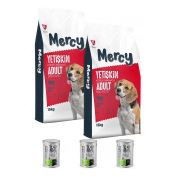 Mercy Biftekli Yetişkin Köpek Maması 15 Kg x 2 Adet + 3 Adet DogPlus Tavuklu Köpek Konservesi