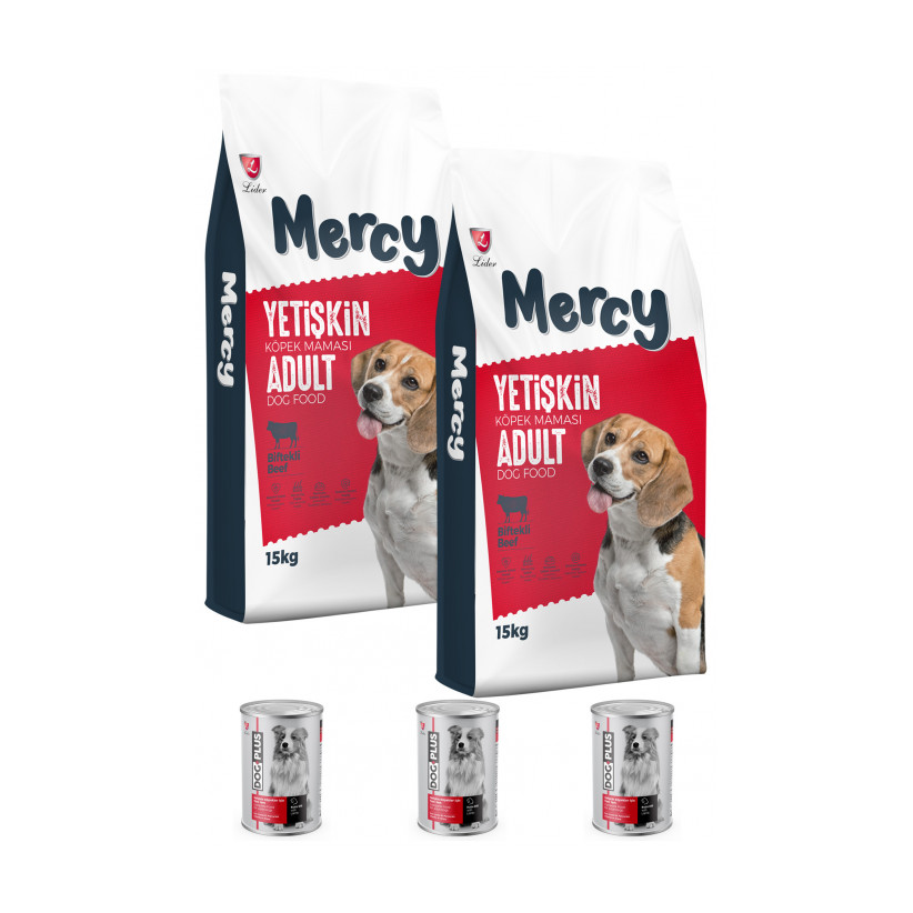 Mercy Biftekli Yetişkin Köpek Maması 15 Kg x 2 Adet + 3 Adet DogPlus Kuzu Etli Köpek Konservesi