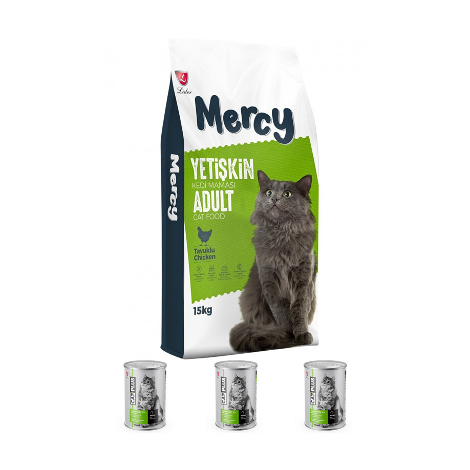Mercy Tavuklu Yetişkin Kedi Maması 15 Kg + 3 Adet CatPlus Tavuklu Kedi Konservesi