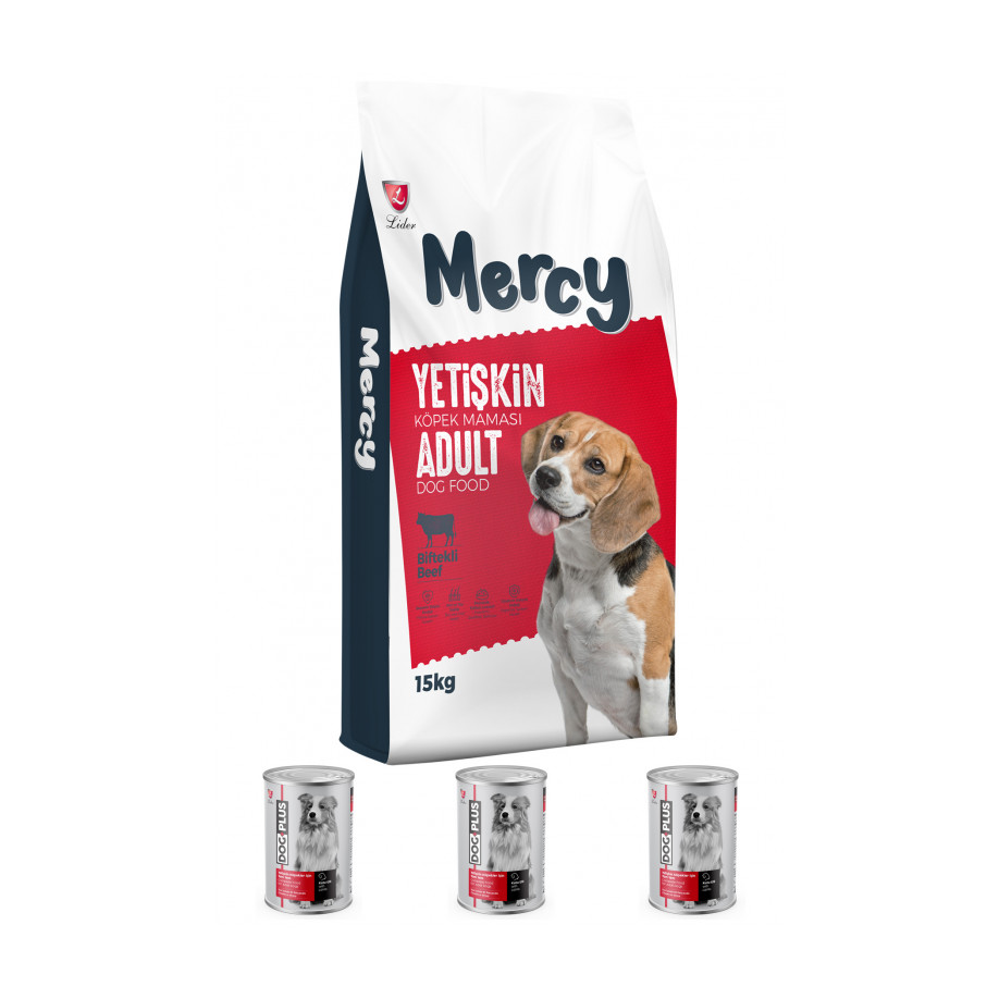 Mercy Biftekli Yetişkin Köpek Maması 15 Kg + 3 Adet DogPlus Kuzu Etli Köpek Konservesi