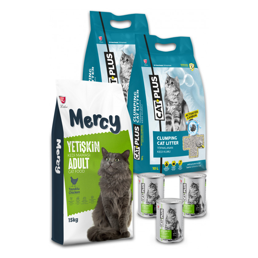 Mercy Tavuklu Yetişkin Kedi Maması 15 Kg + CatPlus Aktif Karbon Kedi Kumu 10 Lt x 2 Adet + 3 Adet CatPlus Tavuklu Kedi Konservesi