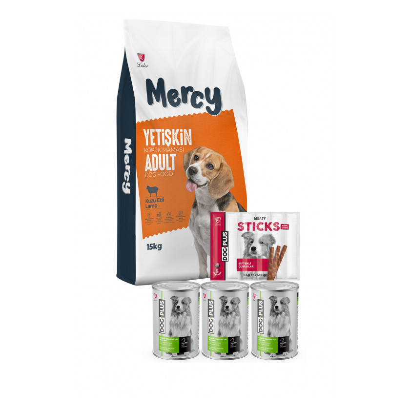 Mercy Kuzu Etli Yetişkin Köpek Maması 15 Kg + 3 Adet DogPlus Tavuklu Konserve + 1 Adet DogPlus Biftekli Ödül Maması