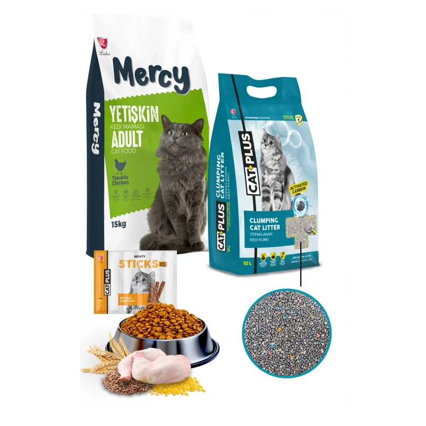 Mercy Tavuklu Yetişkin Kedi Maması 15 Kg + 10 Lt CatPlus Aktif Karbon Kedi Kumu + CatPlus Biftekli Stick Kedi Ödül Maması