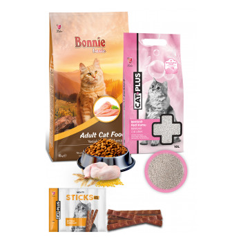 Bonnie Tavuklu Yetişkin Kedi Maması 10 Kg + CatPlus Bebek Pudralı Kedi Kumu 10 Lt + CatPlus Biftekli Kedi Ödül Çubuğu 6 Gr x 5 Adet (30Gr) 1 Paket