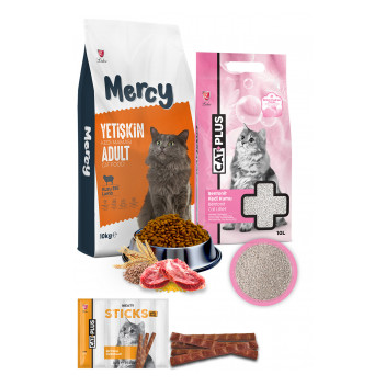Mercy Kuzu Etli Yetişkin Kedi Maması 10 Kg + CatPlus Bebek Pudralı Kedi Kumu 10 Lt + CatPlus Biftekli Kedi Ödül Çubuğu 6 Gr x 5 Adet (30Gr) 1 Paket