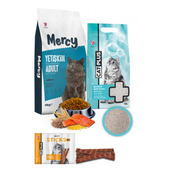 Mercy Somonlu Yetişkin Kedi Maması 10 Kg + CatPlus Kokusuz Kedi Kumu 10 Lt + CatPlus Biftekli Kedi Ödül Çubuğu 6 Gr x 5 Adet (30Gr) 1 Paket