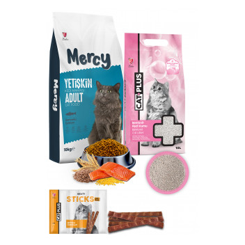 Mercy Somonlu Yetişkin Kedi Maması 10 Kg + CatPlus Bebek Pudralı Kedi Kumu 10 Lt + CatPlus Biftekli Kedi Ödül Çubuğu 6 Gr x 5 Adet (30Gr) 1 Paket