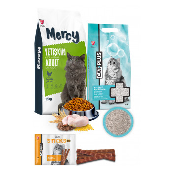Mercy Tavuklu Yetişkin Kedi Maması 15 Kg + CatPlus Kokusuz Kedi Kumu 10 Lt + CatPlus Biftekli Kedi Ödül Çubuğu 6 Gr x 5 Adet (30Gr) 1 Paket
