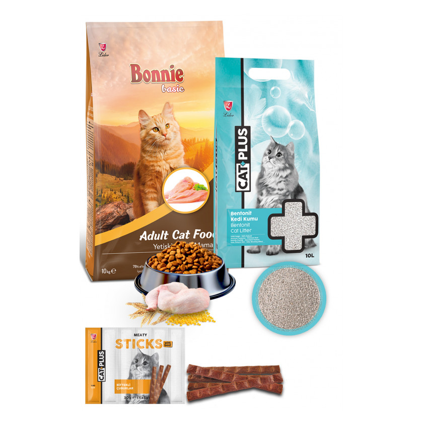 Bonnie Tavuklu Yetişkin Kedi Maması 10 Kg +  CatPlus Kokusuz Kedi Kumu 10 Lt + CatPlus Biftekli Kedi Ödül Çubuğu 6 Gr x 5 Adet (30Gr) 1 Paket