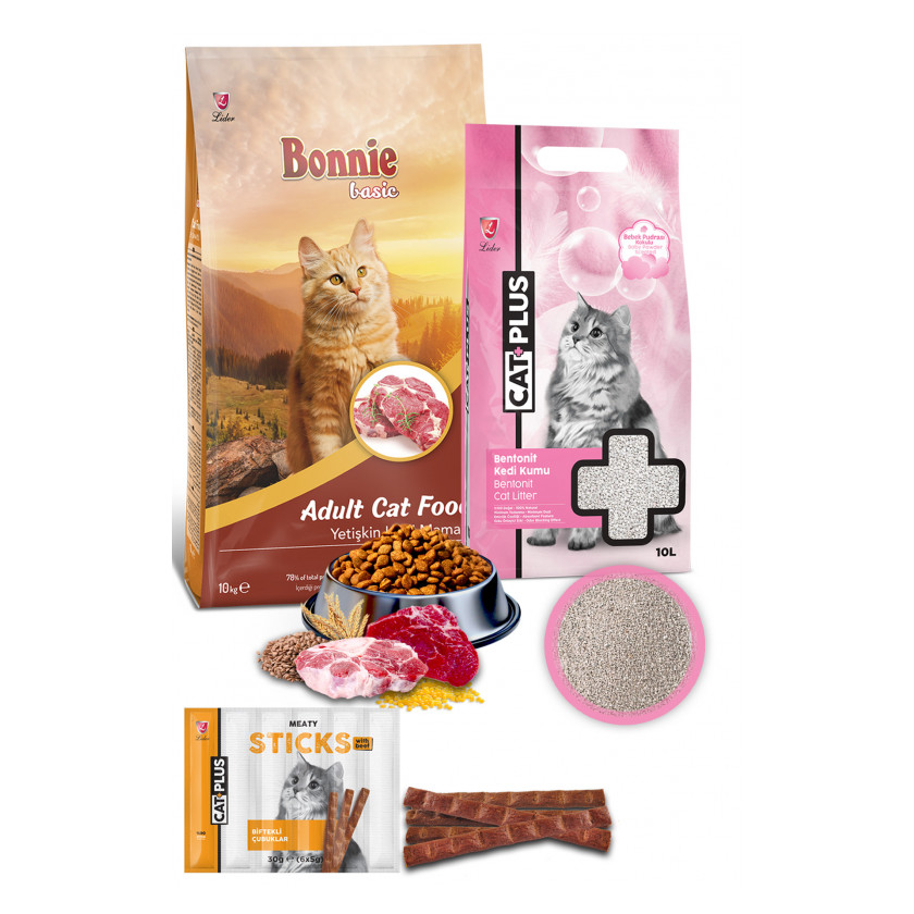 Bonnie Dana Etli Yetişkin Kedi Maması 10 Kg + CatPlus Bebek Pudralı Kedi Kumu 10 Lt + CatPlus Biftekli Kedi Ödül Çubuğu 6 Gr x 5 Adet (30Gr) 1 Paket