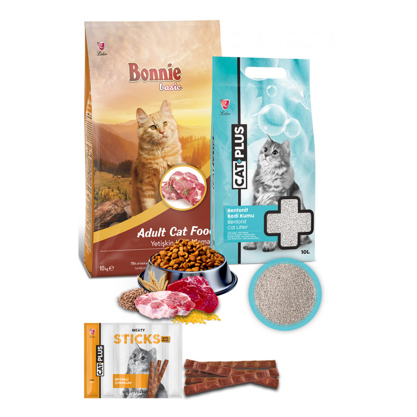 Bonnie Dana Etli Yetişkin Kedi Maması 10 Kg + CatPlus Kokusuz Kedi Kumu 10 Lt + CatPlus Biftekli Kedi Ödül Çubuğu 6 Gr x 5 Adet (30Gr) 1 Paket