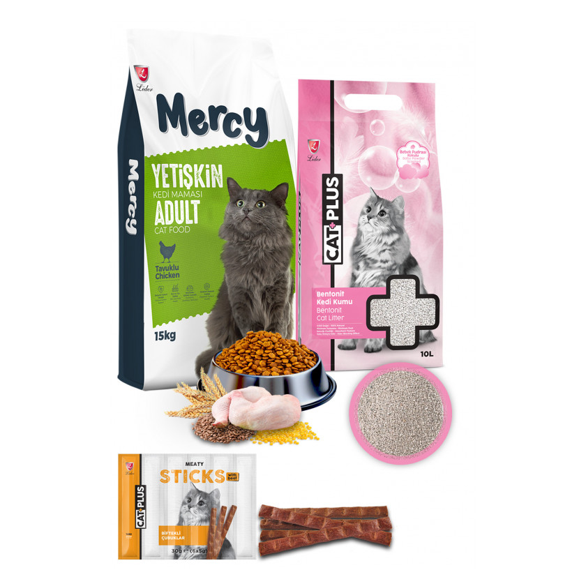 Mercy Tavuklu Yetişkin Kedi Maması 15 Kg + CatPlus Bebek Pudralı Kedi Kumu 10 Lt + CatPlus Biftekli Kedi Ödül Çubuğu 6 Gr x 5 Adet (30Gr) 1 Paket