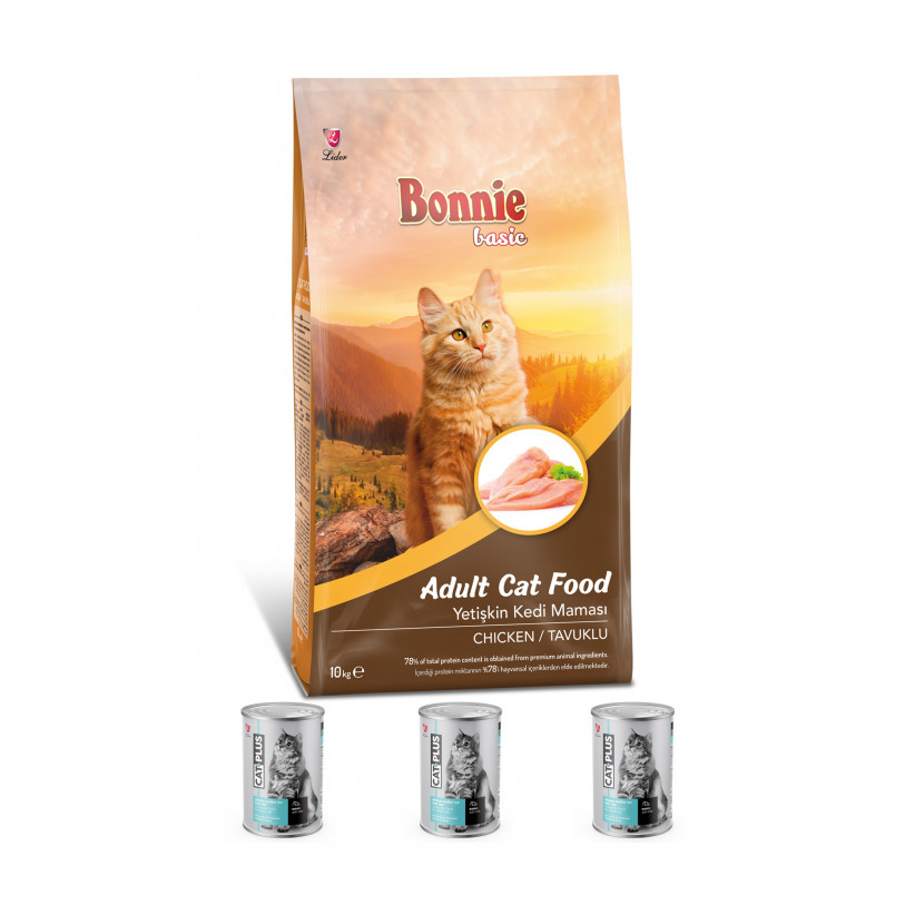 Bonnie Tavuklu Yetişkin Kedi Maması 10 Kg + 3 Adet CatPlus Balıklı Kedi Konservesi