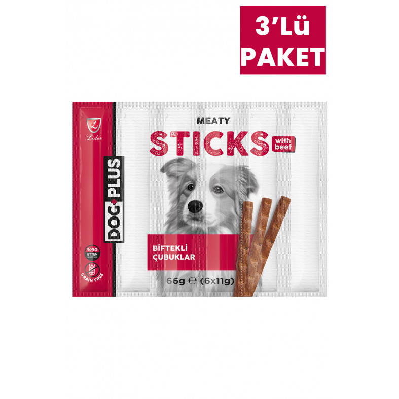 DogPlus Biftekli Stick Köpek Ödülü Maması 11 Gr X 6 Adet (66Gr) x3 Adet