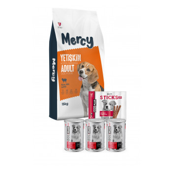 Mercy Kuzu Etli Yetişkin Köpek Maması 15 Kg + 3 Adet DogPlus Kuzu Etli Konserve + 1 Adet DogPlus Biftekli Ödül Maması