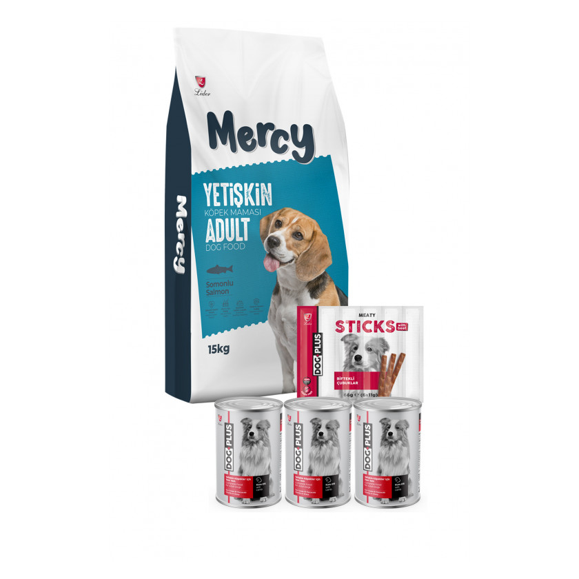 Mercy Somonlu Yetişkin Köpek Maması 15 Kg + 3 Adet DogPlus Kuzu Etli Konserve + 1 Adet DogPlus Biftekli Ödül Maması