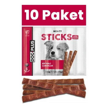 DogPlus Biftekli Stick Köpek Ödülü Maması 11 Gr x 6 Adet (66Gr) - 10 Paket