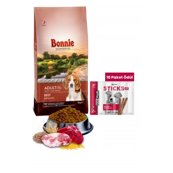 Bonnie Biftekli Yetişkin Köpek Maması 15 Kg + DogPlus Biftekli Stick Köpek Ödülü Maması 11 Gr x 6 Adet (66Gr) - 10 Paket