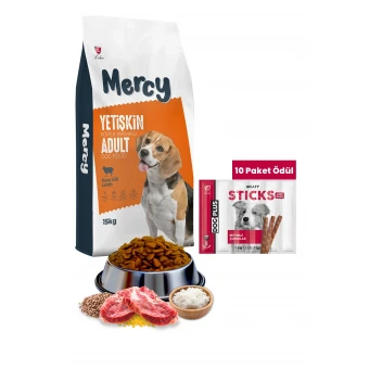 Mercy Kuzu Etli Yetişkin Köpek Maması 15 Kg + DogPlus Biftekli Stick Köpek Ödülü Maması 11 Gr x 6 Adet (66Gr) - 10 Paket