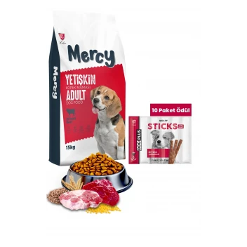 Mercy Biftekli Yetişkin Köpek Maması 15 Kg + DogPlus Biftekli Stick Köpek Ödülü Maması 11 Gr x 6 Adet (66Gr) - 10 Paket
