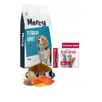 Mercy Somonlu Yetişkin Köpek Maması 15 Kg + DogPlus Biftekli Stick Köpek Ödülü Maması 11 Gr x 6 Adet (66Gr) - 10 Paket