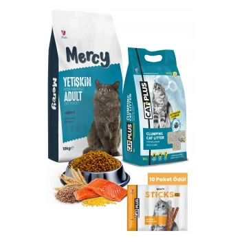 Mercy Somonlu Yetişkin Kedi Maması 10 Kg + CatPlus Aktif Karbon Kedi Kumu 10 Lt + CatPlus Biftekli Kedi Ödül Çubuğu 6 Gr x 5 Adet (30Gr) - 10 Paket