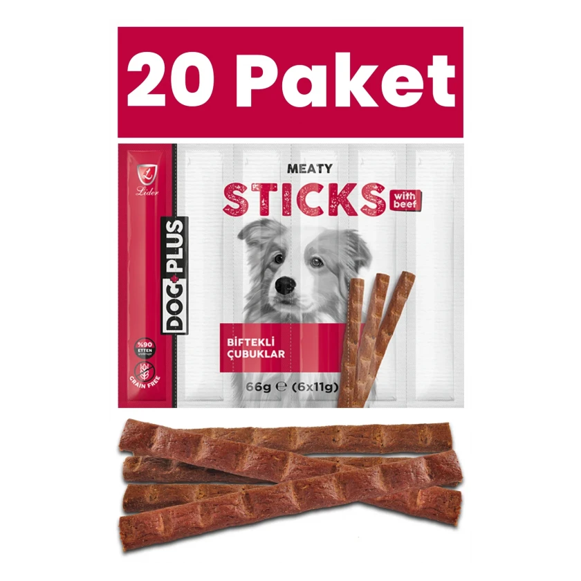 DogPlus Biftekli Stick Köpek Ödülü Maması 11 Gr X 6 Adet (66Gr) - 20 Paket
