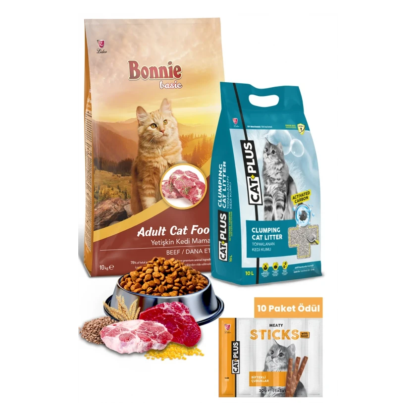 Bonnie Dana Etli Yetişkin Kedi Maması 10 Kg + CatPlus Aktif Karbon Kedi Kumu 10 Lt + CatPlus Biftekli Kedi Ödül Çubuğu 6 Gr x 5 Adet (30Gr) - 10 Paket