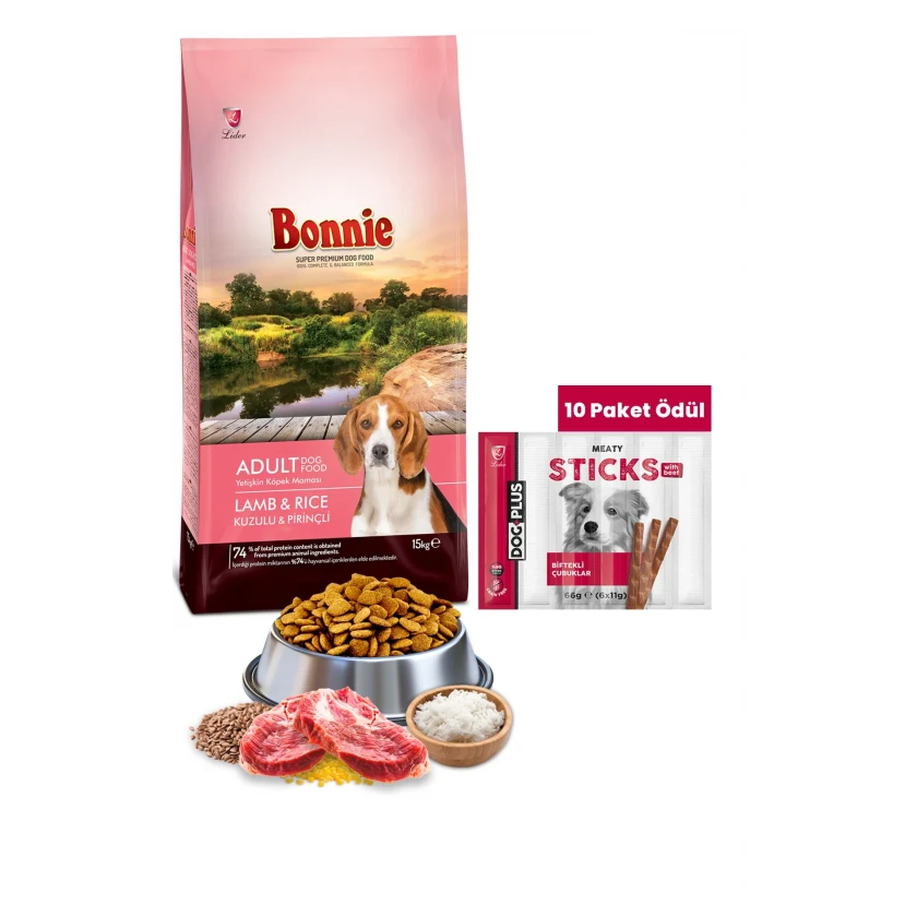 Bonnie Kuzu Etli ve Pirinçli Yetişkin Köpek Maması 15 Kg + DogPlus Biftekli Stick Köpek Ödülü Maması 11 Gr x 6 Adet (66Gr) - 10 Paket