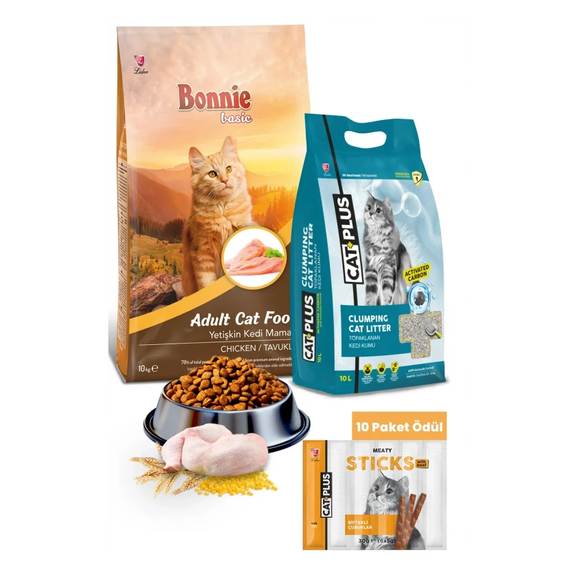 Bonnie Tavuklu Yetişkin Kedi Maması 10 Kg + CatPlus Aktif Karbon Kedi Kumu 10 Lt + CatPlus Biftekli Kedi Ödül Çubuğu 6 Gr x 5 Adet (30Gr) - 10 Paket