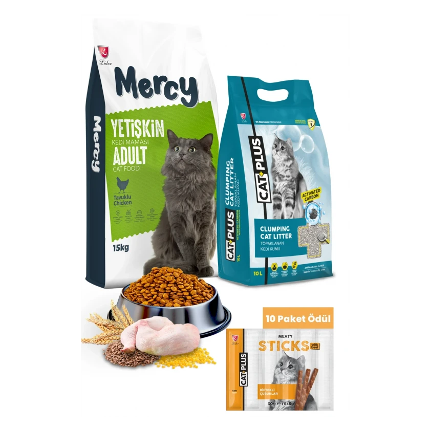 Mercy Tavuklu Yetişkin Kedi Maması 15 Kg + CatPlus Aktif Karbon Kedi Kumu 10 Lt + CatPlus Biftekli Kedi Ödül Çubuğu 6 Gr x 5 Adet (30Gr) - 10 Paket