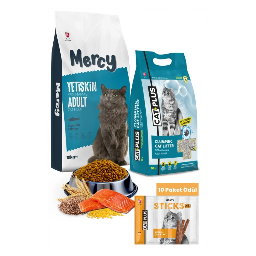 Mercy Somonlu Yetişkin Kedi Maması 10 Kg + CatPlus Aktif Karbon Kedi Kumu 10 Lt + CatPlus Biftekli Kedi Ödül Çubuğu 6 Gr x 5 Adet (30Gr) - 10 Paket