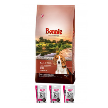 Bonnie Biftekli Yetişkin Köpek Maması 15 Kg + 3 Adet DogPlus Biftekli Ödül Maması
